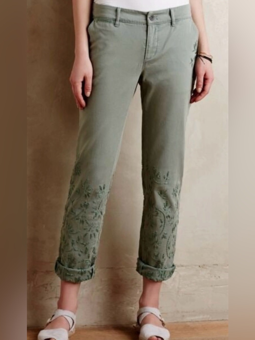Anthropologie Pilcro Women's Embroidered Sage Green Green Chino Pants size 29T